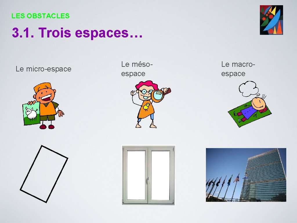 LES OBSTACLES 3. 1. Trois espaces… Le micro-espace Le mésoespace Le macroespace 