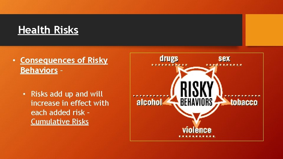 Health Risks • Consequences of Risky Behaviors – • Risks add up and will