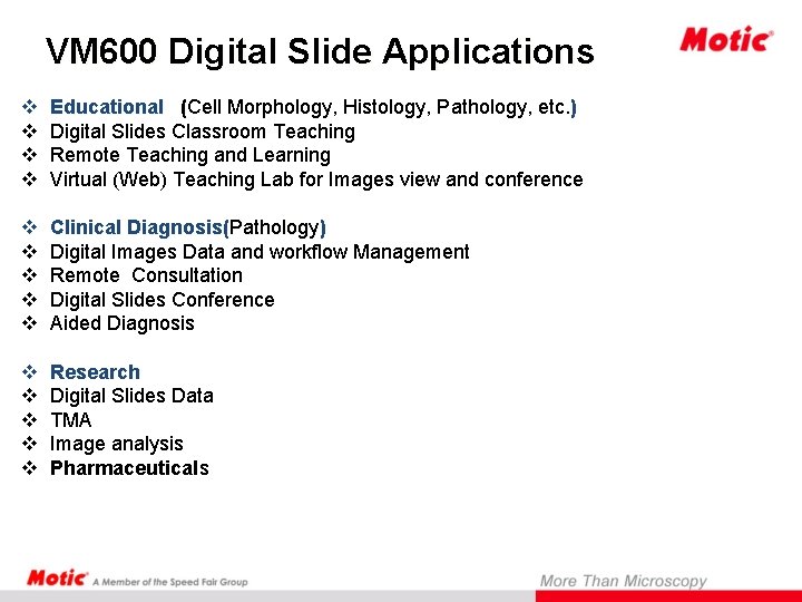 VM 600 Digital Slide Applications v v Educational (Cell Morphology, Histology, Pathology, etc. )