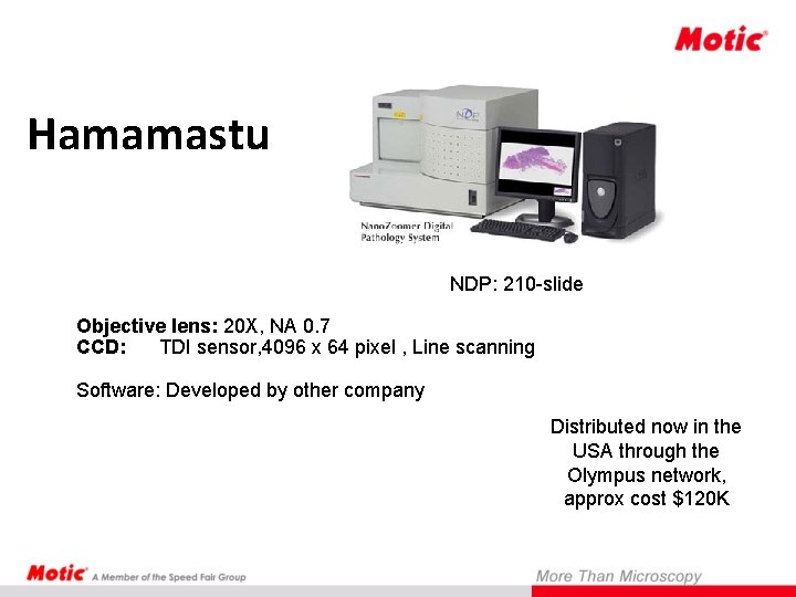 Hamamastu NDP: 210 -slide Objective lens: 20 X, NA 0. 7 CCD: TDI sensor,