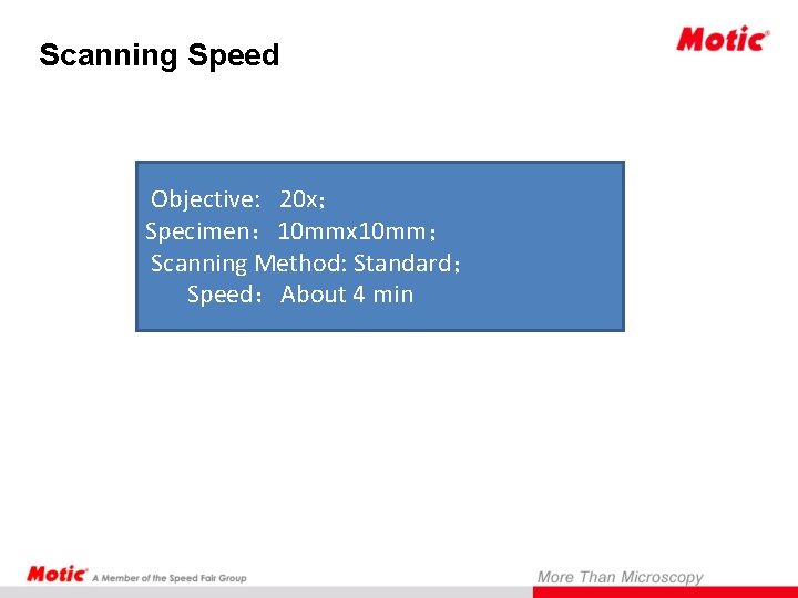 Scanning Speed Objective: 20 x； Specimen： 10 mmx 10 mm； Scanning Method: Standard； Speed：About