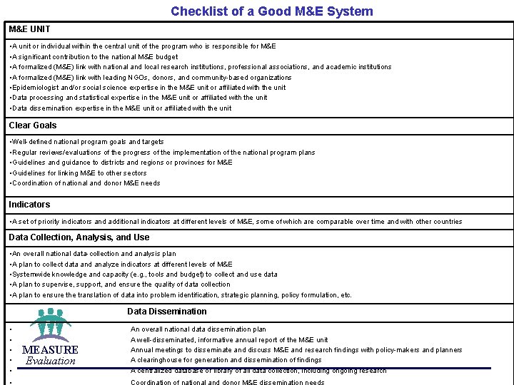 Checklist of a Good M&E System M&E UNIT • A unit or individual within