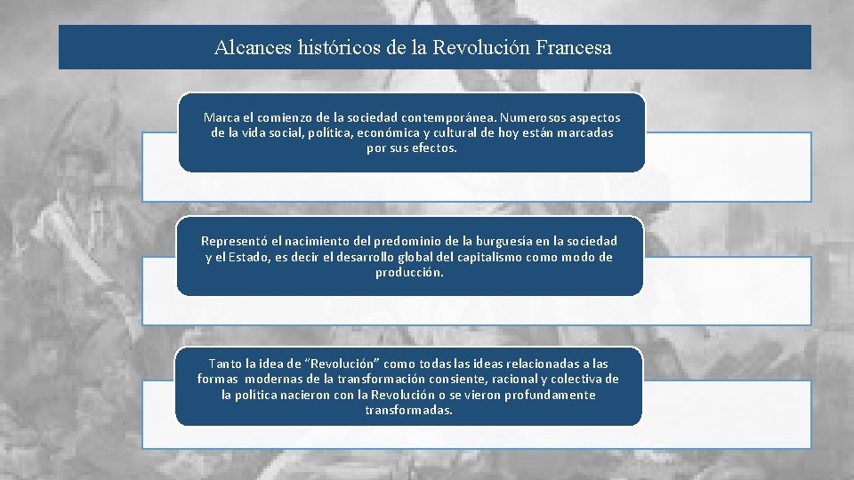 Alcances históricos de la Revolución Francesa Marca el comienzo de la sociedad contemporánea. Numerosos