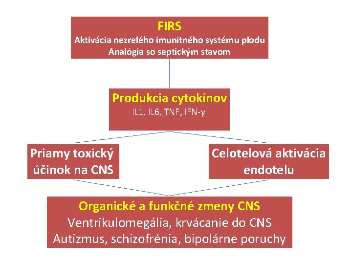 FIRS Aktivácia nezrelého imunitného systému plodu Analógia so septickým stavom Produkcia cytokínov IL 1,