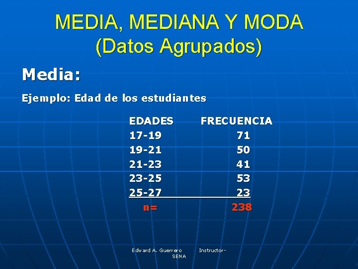 MEDIA, MEDIANA Y MODA (Datos Agrupados) Media: Ejemplo: Edad de los estudiantes EDADES 17