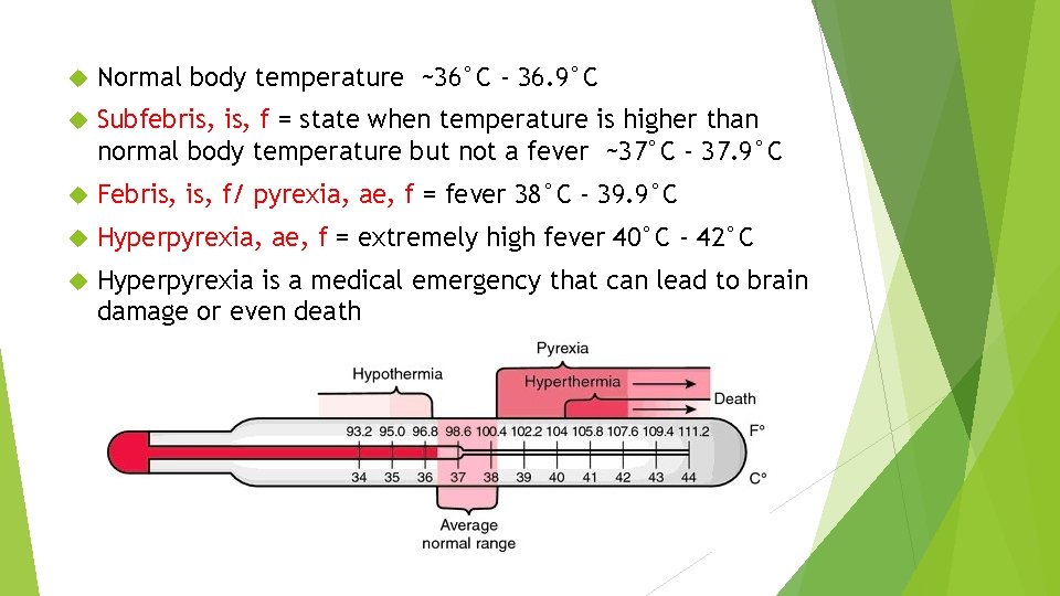 Normal body temperature ~36°C - 36. 9°C Subfebris, f = state when temperature Normal body temperature ~36°C - 36. 9°C Subfebris, f = state when temperature