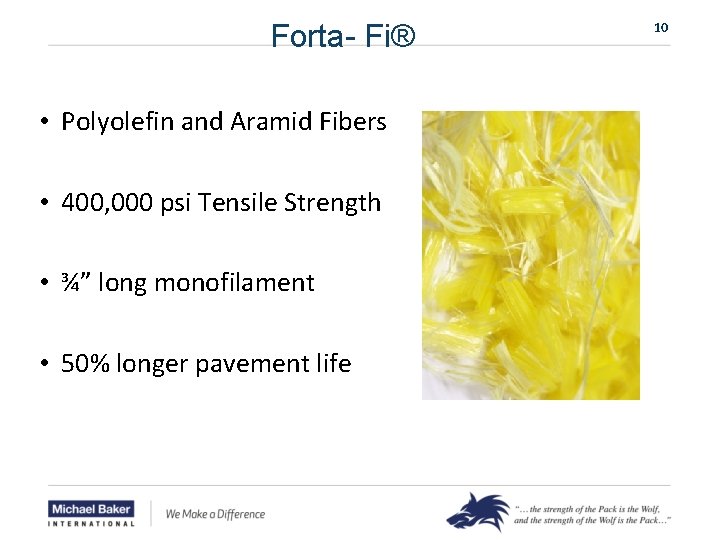 Forta- Fi® • Polyolefin and Aramid Fibers • 400, 000 psi Tensile Strength •