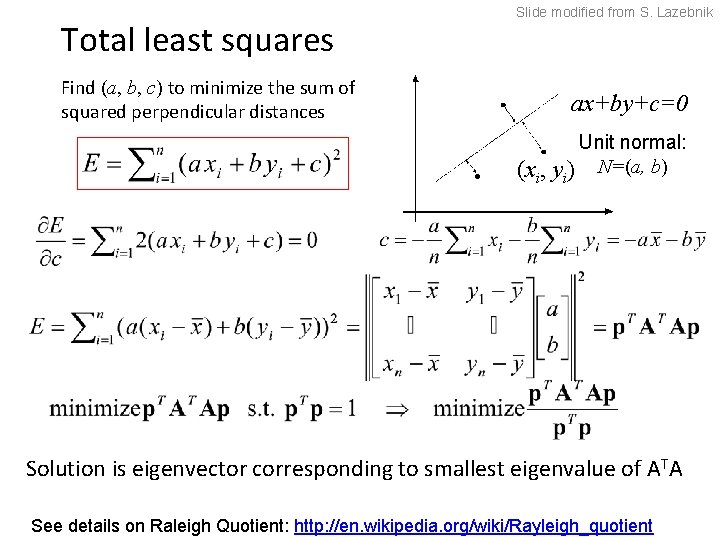 Total least squares Slide modified from S. Lazebnik Find (a, b, c) to minimize