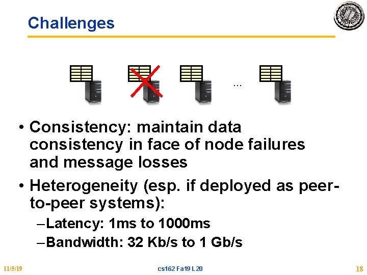 Challenges … • Consistency: maintain data consistency in face of node failures and message