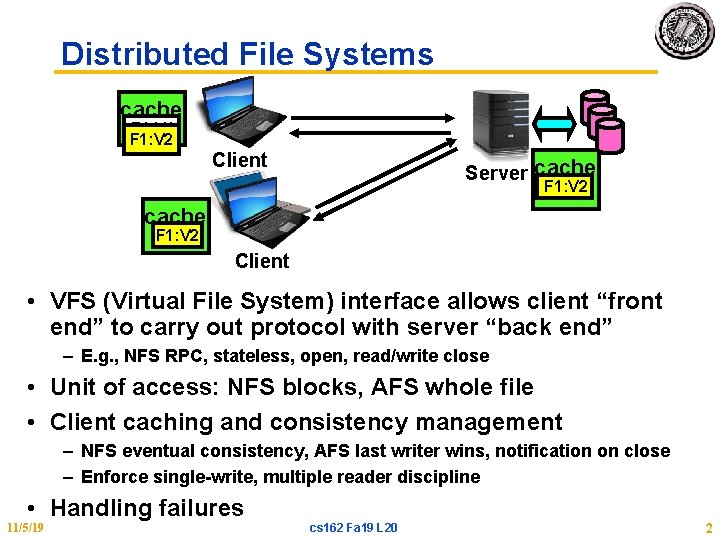 Distributed File Systems cache F 1: V 1 F 1: V 2 Client Server