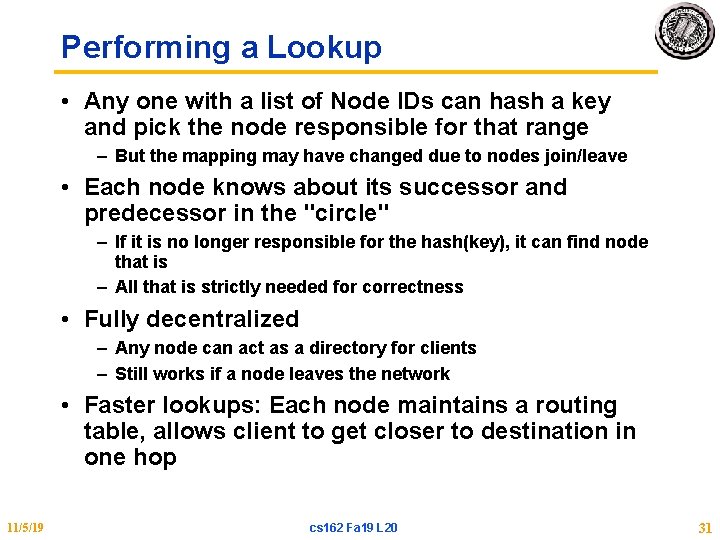 Performing a Lookup • Any one with a list of Node IDs can hash