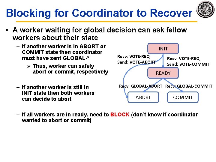 Blocking for Coordinator to Recover • A worker waiting for global decision can ask