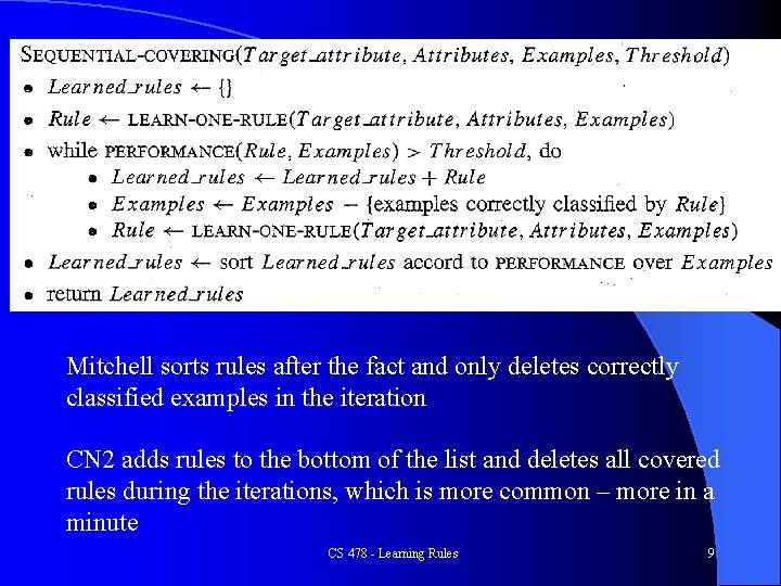Mitchell sorts rules after the fact and only deletes correctly classified examples in the