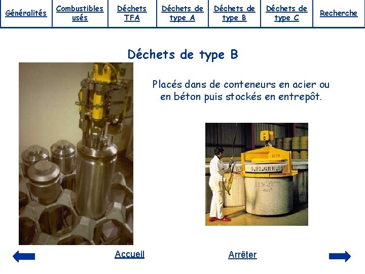 Généralités Combustibles usés Déchets TFA Déchets de type B Déchets de type C Recherche