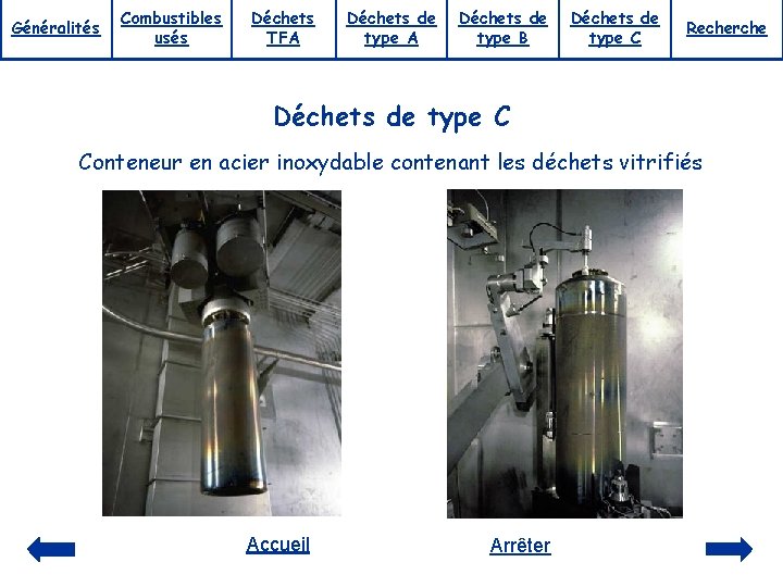 Généralités Combustibles usés Déchets TFA Déchets de type B Déchets de type C Recherche