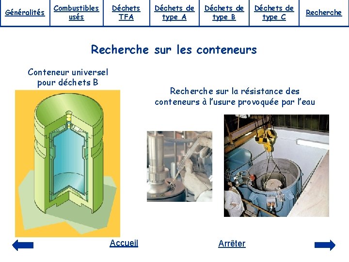 Généralités Combustibles usés Déchets TFA Déchets de type B Déchets de type C Recherche