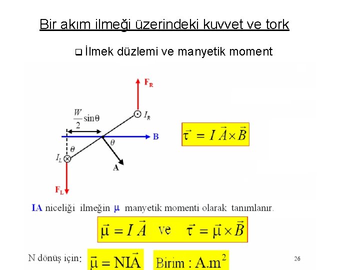 Bir akım ilmeği üzerindeki kuvvet ve tork q İlmek düzlemi ve manyetik moment 