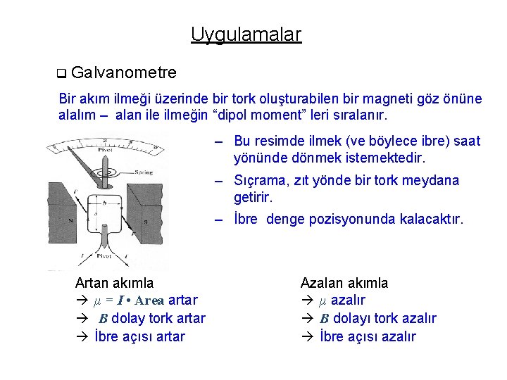 Uygulamalar q Galvanometre Bir akım ilmeği üzerinde bir tork oluşturabilen bir magneti göz önüne