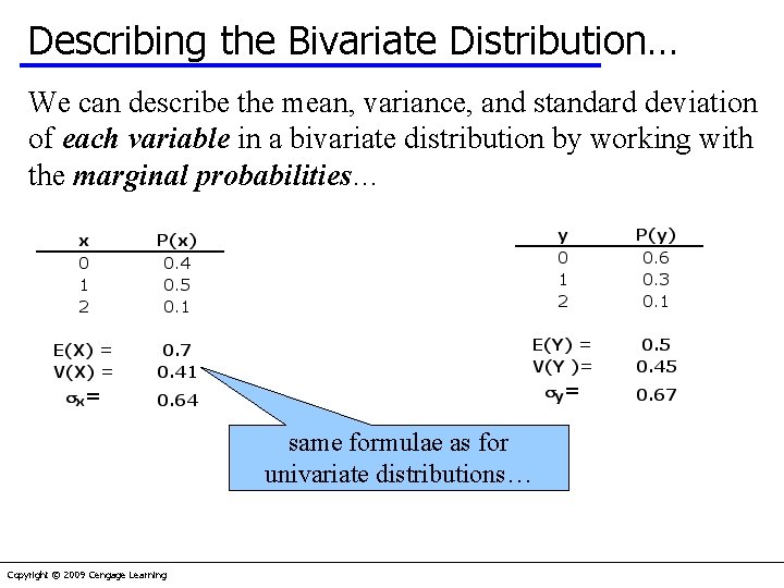 Describing the Bivariate Distribution… We can describe the mean, variance, and standard deviation of