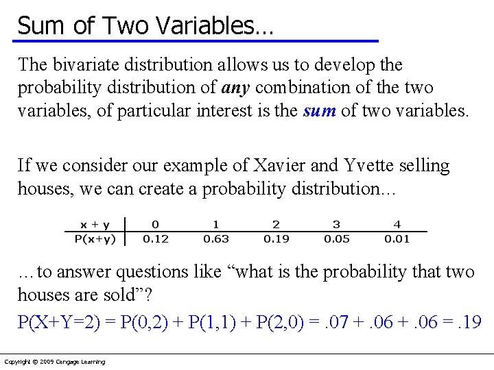 Sum of Two Variables… The bivariate distribution allows us to develop the probability distribution