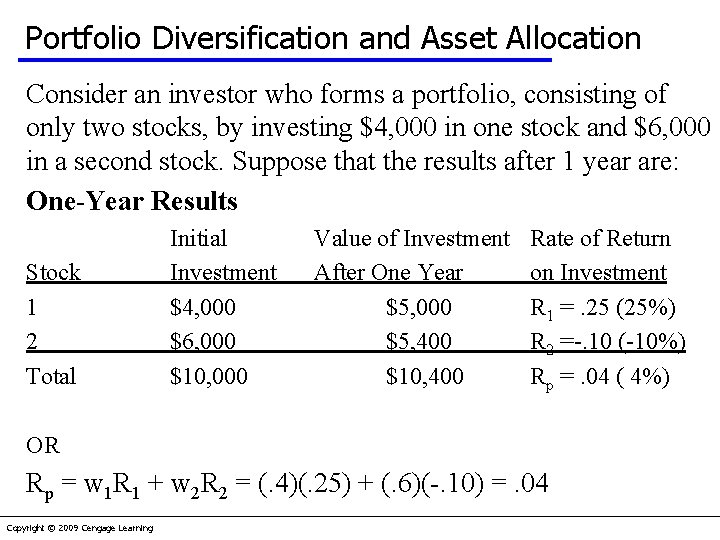 Portfolio Diversification and Asset Allocation Consider an investor who forms a portfolio, consisting of