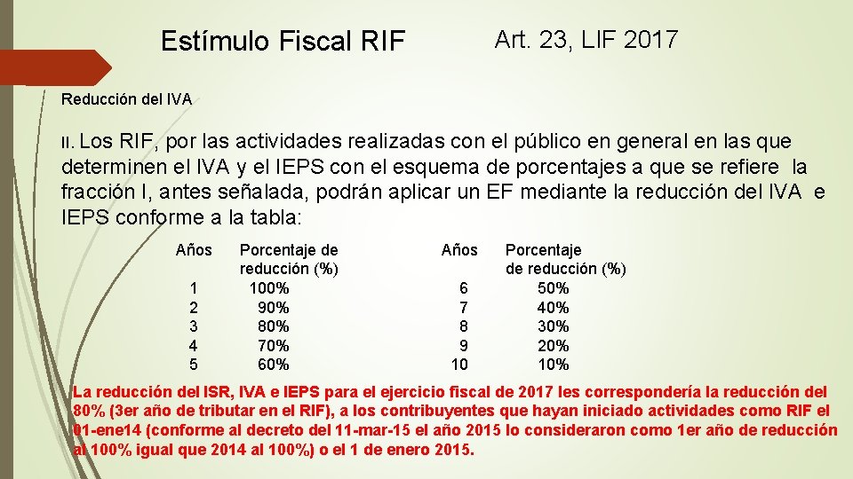 Art. 23, LIF 2017 Estímulo Fiscal RIF Reducción del IVA II. Los RIF, por