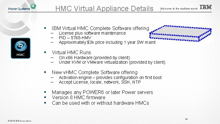HMC Virtual Appliance Details . Welcome to the waitless world © 2015 IBM Corporation HMC Virtual Appliance Details . Welcome to the waitless world © 2015 IBM Corporation