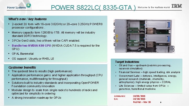 POWER S 822 LC( 8335 -GTA ) Welcome to the waitless world What’s new POWER S 822 LC( 8335 -GTA ) Welcome to the waitless world What’s new