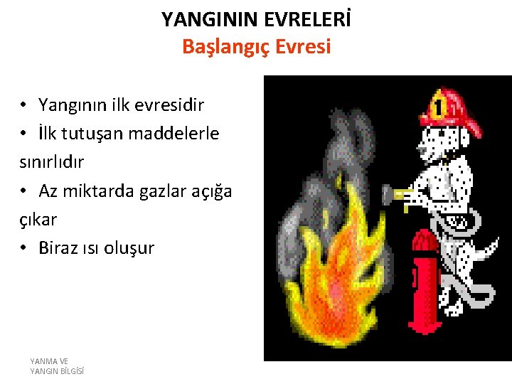 YANGININ EVRELERİ Başlangıç Evresi • Yangının ilk evresidir • İlk tutuşan maddelerle sınırlıdır •