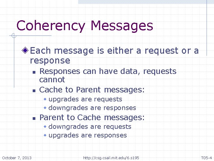 Coherency Messages Each message is either a request or a response n n Responses