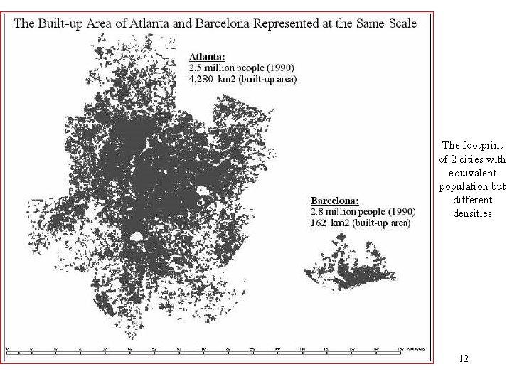 The footprint of 2 cities with equivalent population but different densities 12 