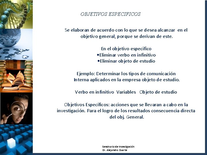 OBJETIVOS ESPECIFICOS Se elaboran de acuerdo con lo que se desea alcanzar en el