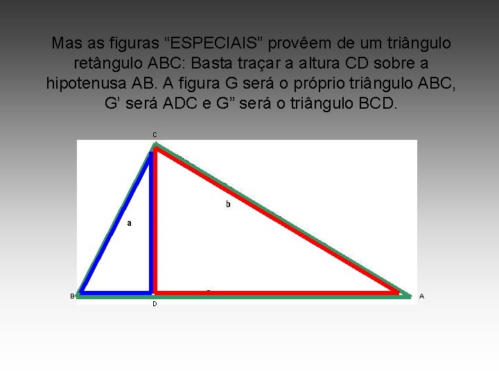 Mas as figuras “ESPECIAIS” provêem de um triângulo retângulo ABC: Basta traçar a altura