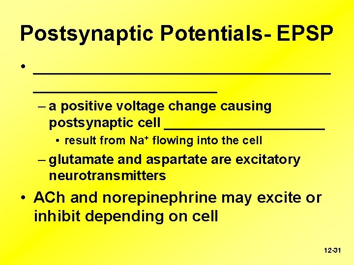 Postsynaptic Potentials- EPSP • _________________ – a positive voltage change causing postsynaptic cell ___________