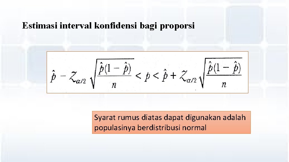 Estimasi interval konfidensi bagi proporsi Syarat rumus diatas dapat digunakan adalah populasinya berdistribusi normal