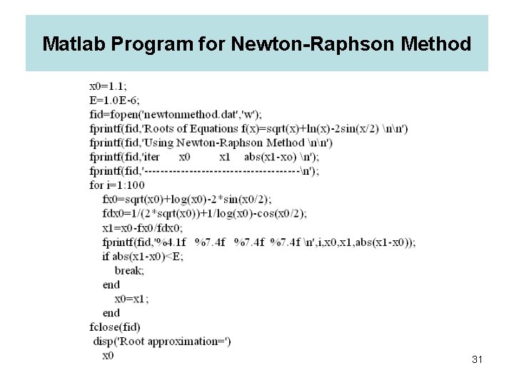 Matlab Program for Newton-Raphson Method 31 