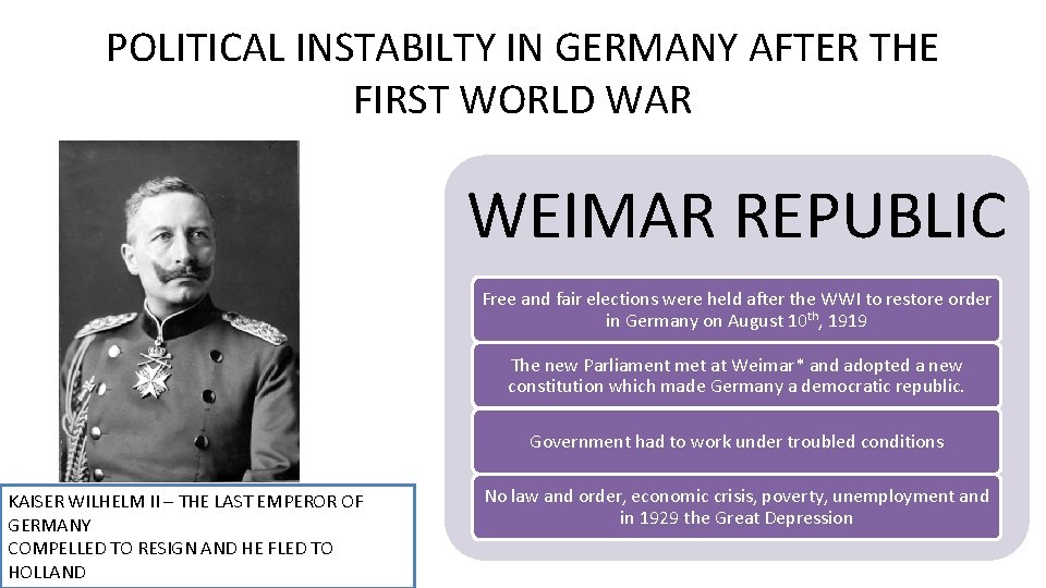 POLITICAL INSTABILTY IN GERMANY AFTER THE FIRST WORLD WAR WEIMAR REPUBLIC Free and fair