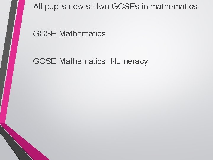 All pupils now sit two GCSEs in mathematics. GCSE Mathematics–Numeracy 