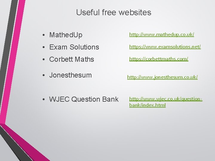 Useful free websites • Mathed. Up http: //www. mathedup. co. uk/ • Exam Solutions