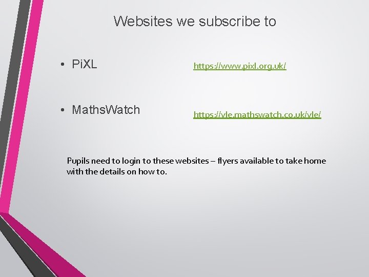 Websites we subscribe to • Pi. XL https: //www. pixl. org. uk/ • Maths.