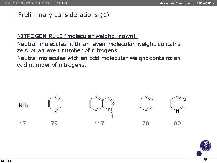 Advanced Spectroscopy 2014/2015 Preliminary considerations (1) NITROGEN RULE (molecular weight known): Neutral molecules with