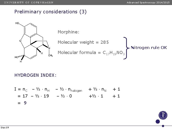 Advanced Spectroscopy 2014/2015 Preliminary considerations (3) Morphine: Molecular weight = 285 Molecular formula = Advanced Spectroscopy 2014/2015 Preliminary considerations (3) Morphine: Molecular weight = 285 Molecular formula =