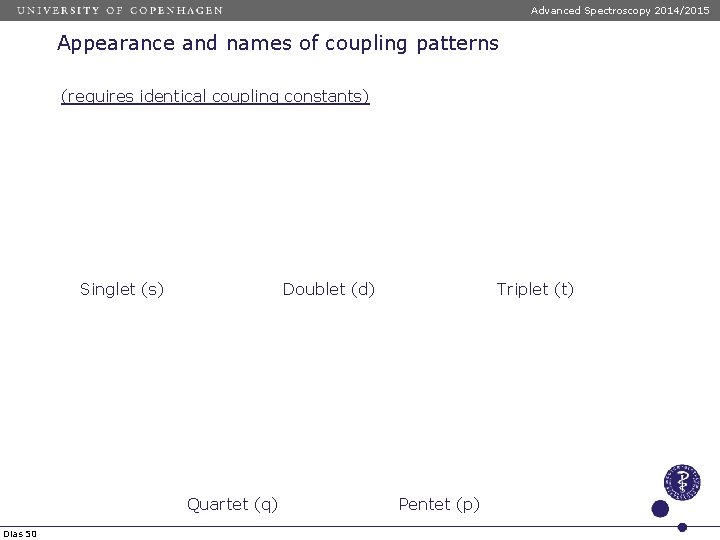Advanced Spectroscopy 2014/2015 Appearance and names of coupling patterns (requires identical coupling constants) Singlet Advanced Spectroscopy 2014/2015 Appearance and names of coupling patterns (requires identical coupling constants) Singlet