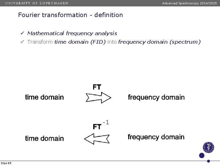 Advanced Spectroscopy 2014/2015 Fourier transformation - definition ü Mathematical frequency analysis ü Transform time Advanced Spectroscopy 2014/2015 Fourier transformation - definition ü Mathematical frequency analysis ü Transform time