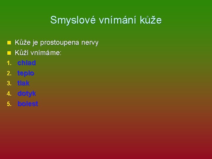 Smyslové vnímání kůže n n 1. 2. 3. 4. 5. Kůže je prostoupena nervy