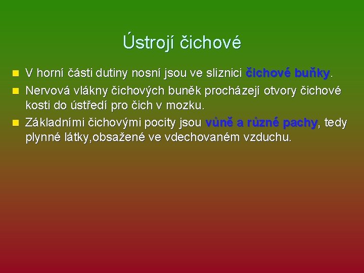 Ústrojí čichové V horní části dutiny nosní jsou ve sliznici čichové buňky. n Nervová