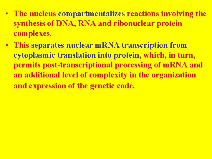  • The nucleus compartmentalizes reactions involving the synthesis of DNA, RNA and ribonuclear