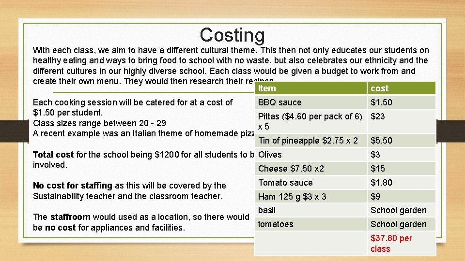 Costing With each class, we aim to have a different cultural theme. This then