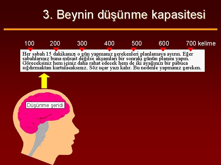 3. Beynin düşünme kapasitesi 100 200 300 400 500 600 700 kelime Her sabah