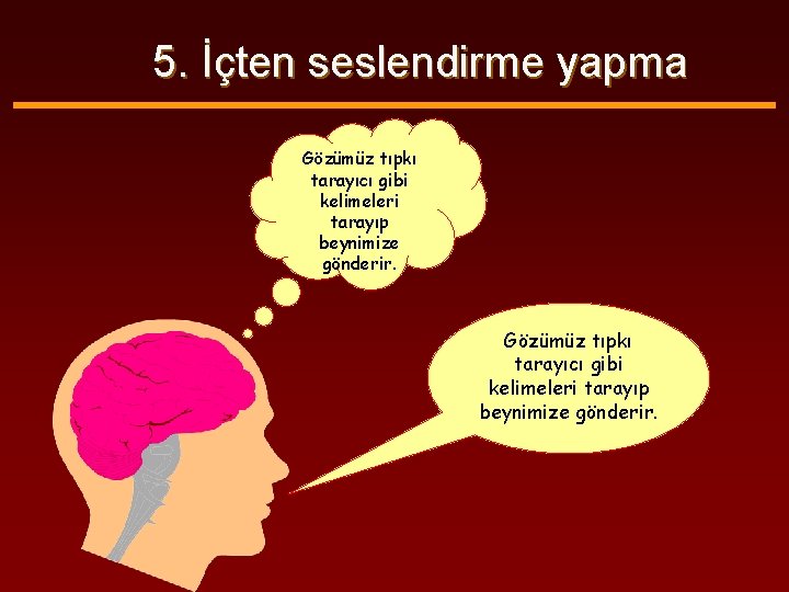 5. İçten seslendirme yapma Gözümüz tıpkı tarayıcı gibi kelimeleri tarayıp beynimize gönderir. 